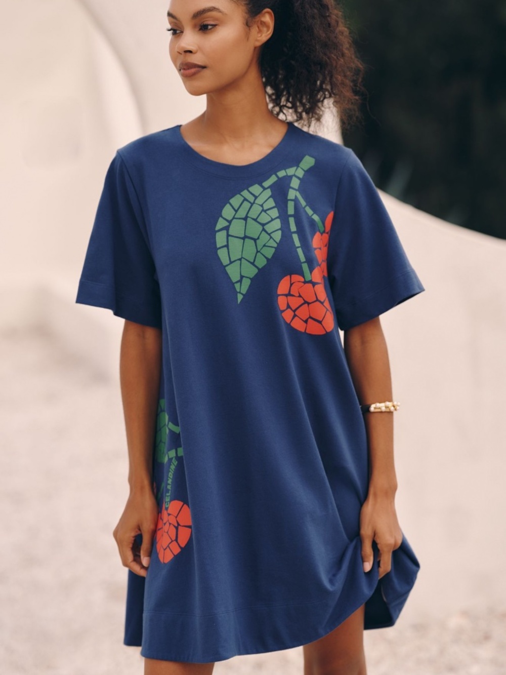 NWT Celandine Anthropologie Navy Blue Cherry Graphic Short Sleeve Swing Dress L